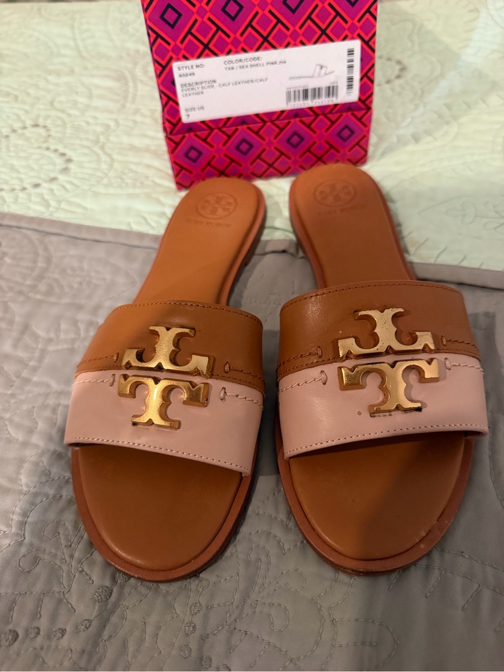 Tory Burch Two-Tone Tan & Blush Leather Everly Slide Sandals